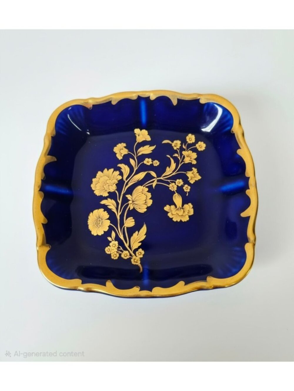 KPM Royal Porcelain Trinket tray Cobalt and Gold Floral, Excellent Condition 5"